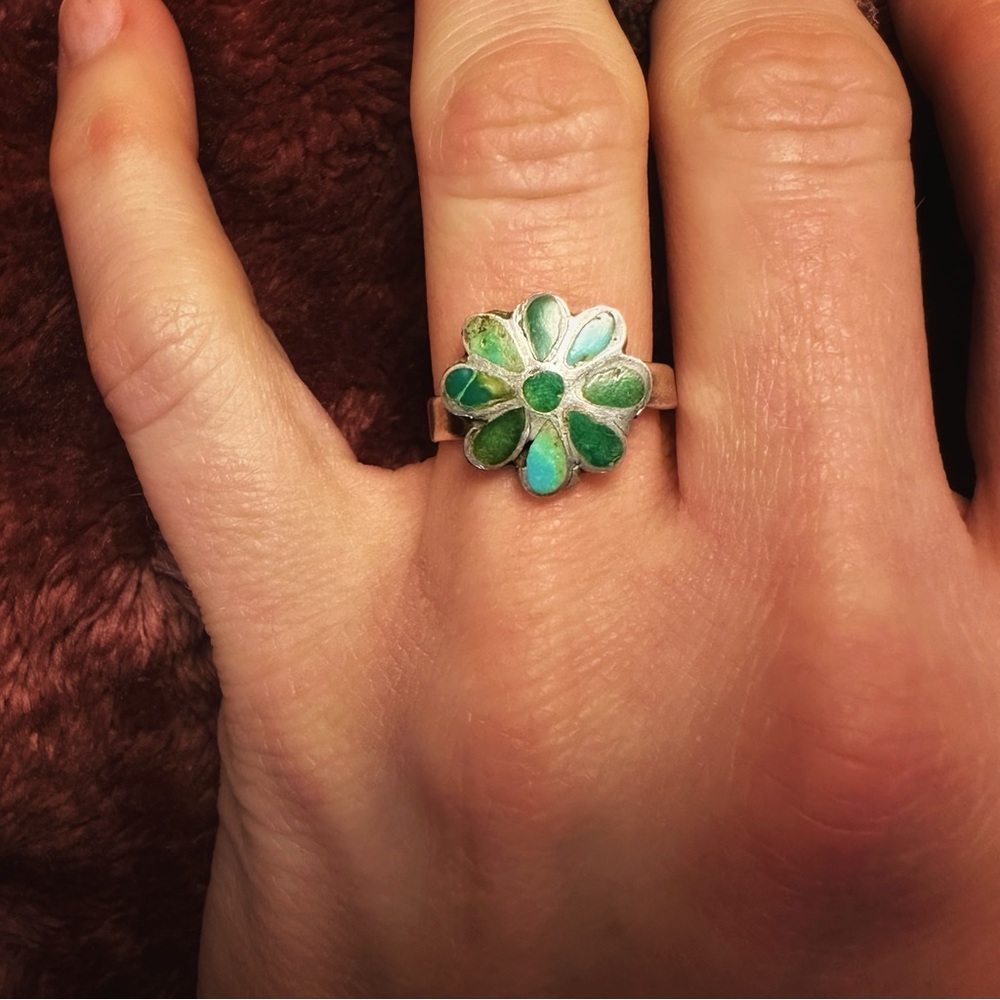Handmade vintage silver and turquoise Flower Power ring size 6.5! - Picture 1 of 4